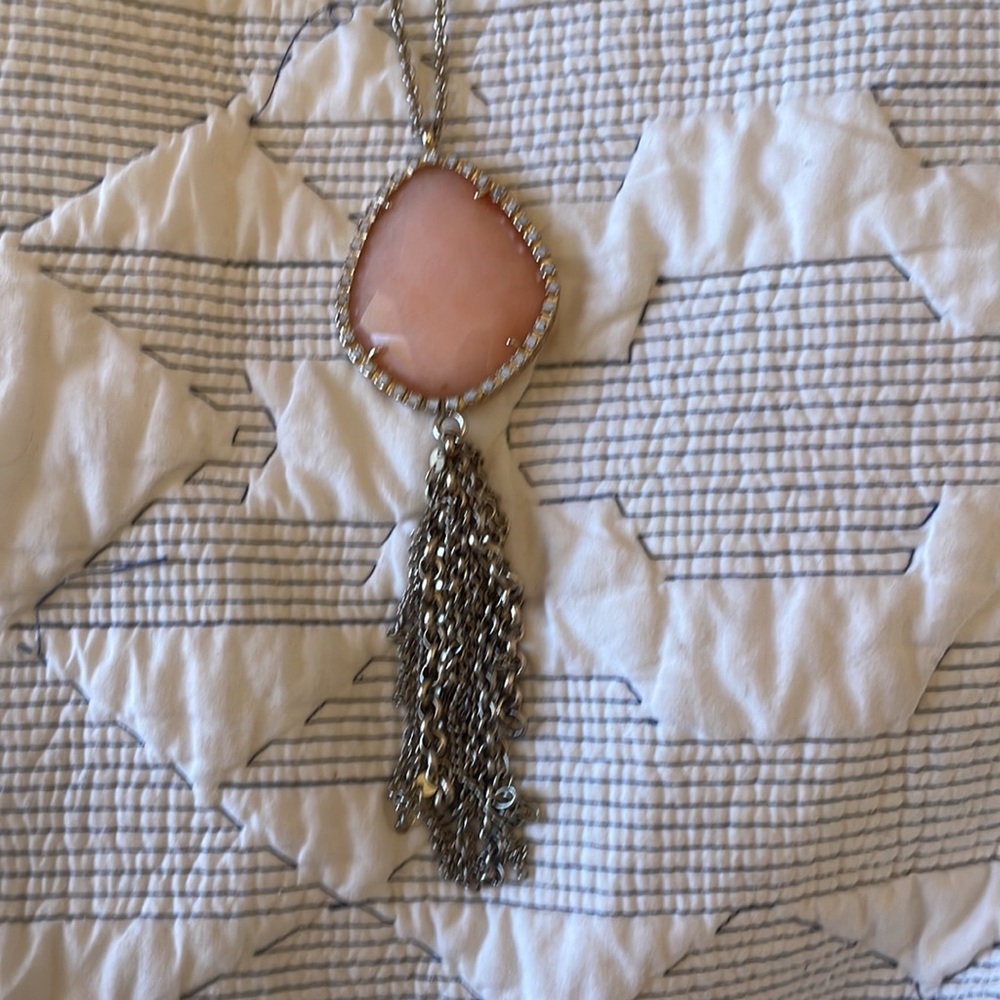 Anthropologie rose quartz-esque long necklace with metal tassel